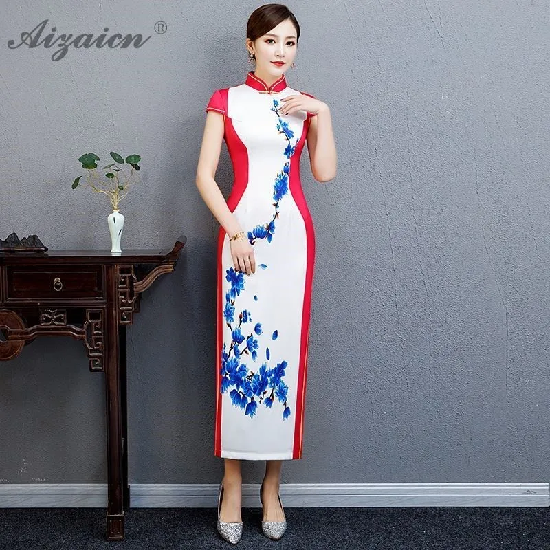 Женское традиционное китайское платье Qipao Длинное Красное Белое Ципао в стиле