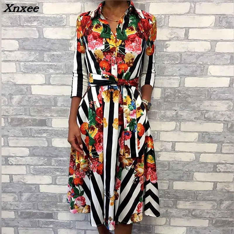 Summer Women Fashion Elegant Workwear Tunic Midi 2018 Casual Dress With Belt Floral Striped Multicolor Print Formal Shirt | Женская