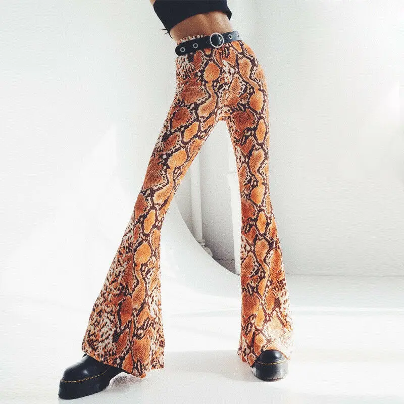 Women Spring 2019 Fashion Snake Skin Print Wide Leg Pants Sexy Party Club Flare Casual Elastic Waist Trousers Pantalones | Женская