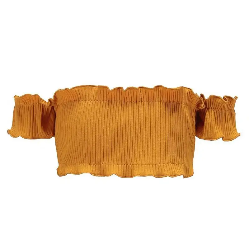 Sexy Off Shoulder Ruffles Knitted Crop Short Tops For Women Sleeved t-Shirts Girls Summerwear Cool Candy Color | Женская одежда