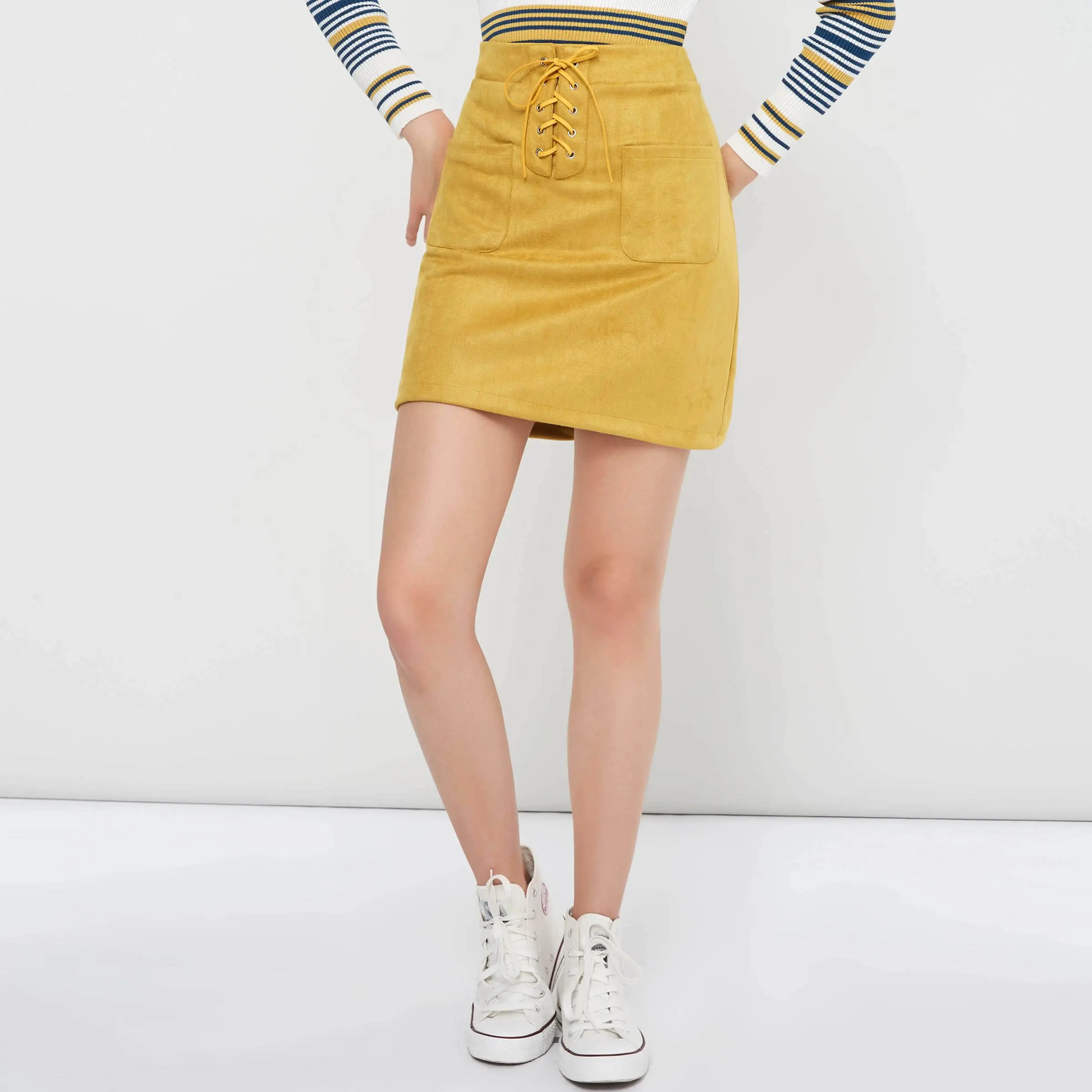 Женские юбки Boho желтые зимние повседневные OL Bodycon с высокой талией на шнуровке
