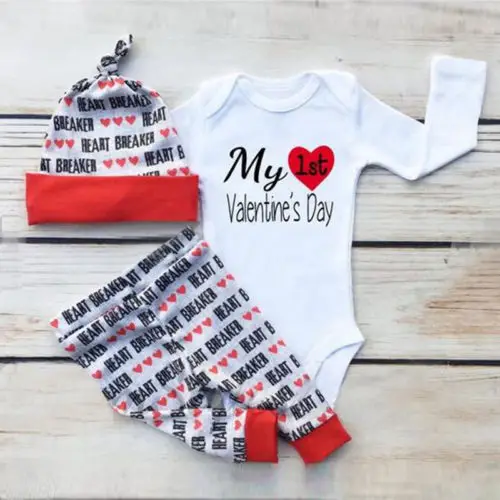 My 1st Valentine's Day Newborn Baby Girls Boys 3PCS Sets Letter White Romper Jumpsuit+Pants+Hats Clothes | Детская одежда и