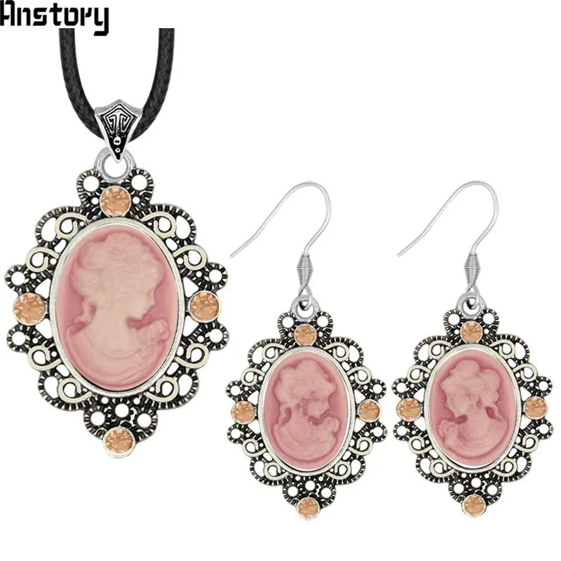 Oval Lady Queen Cameo Crystal Jewelry Set Antique Silver Plated Necklace Earrings Bracelet Fashion TS463 | Украшения и аксессуары