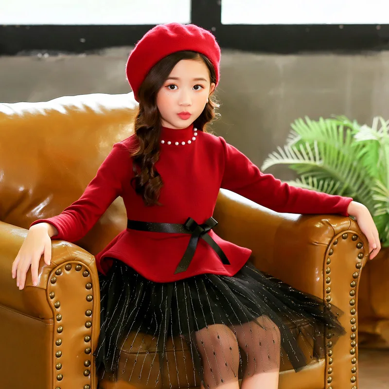 Kids Girls Warm Dress 2019 Autumn Winter New Princess Velvet Dresses Long Sleeve Red Black Mesh Knee Party Frocks 6 8 10 12 yrs | Детская