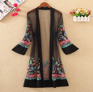 Женская Длинная летняя куртка с цветочной вышивкой, повседневный сетчатый кардиган, тонкие пальто с длинным рукавом, Женская винтажная Пляжная белая верхняя одежда
