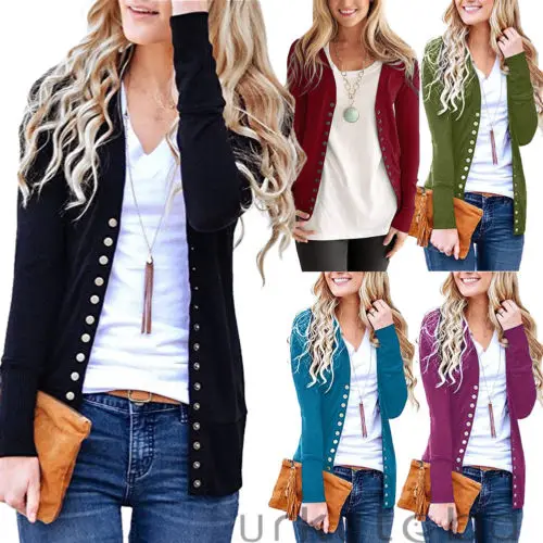 Women V-Neck Casual Autumn Solid Button Down Knitwear Long Sleeve Basic Knit Cardigan Sweater |