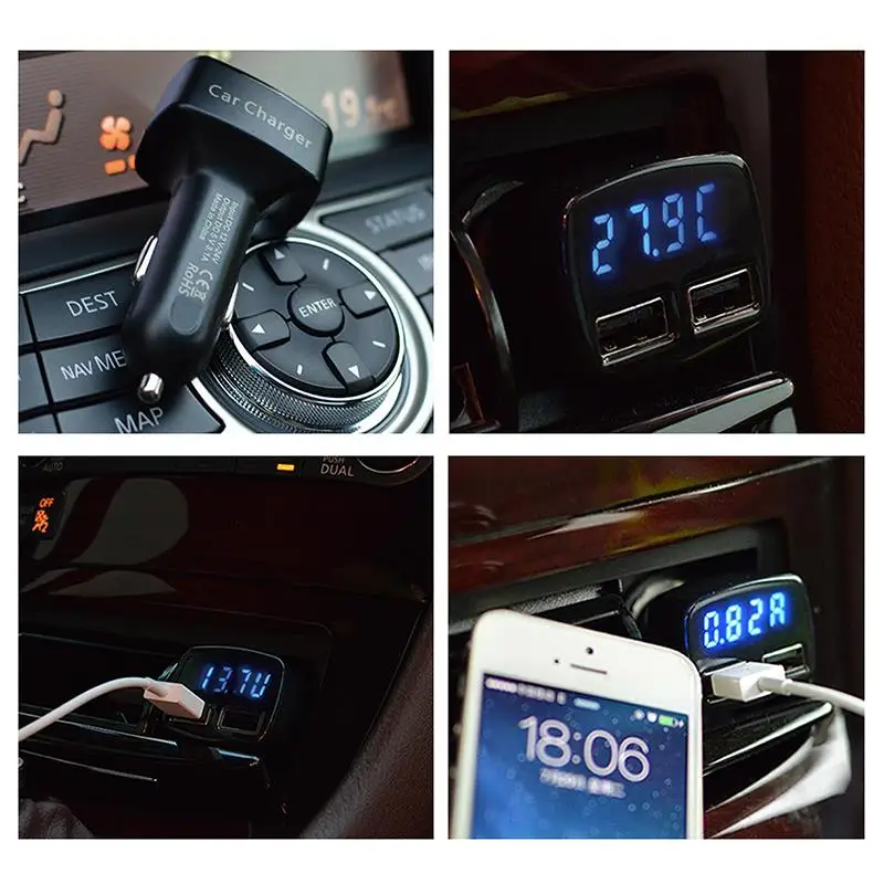 4 в 1 Автомобильное зарядное устройство с двумя USB-портами и ЖК-дисплеем |