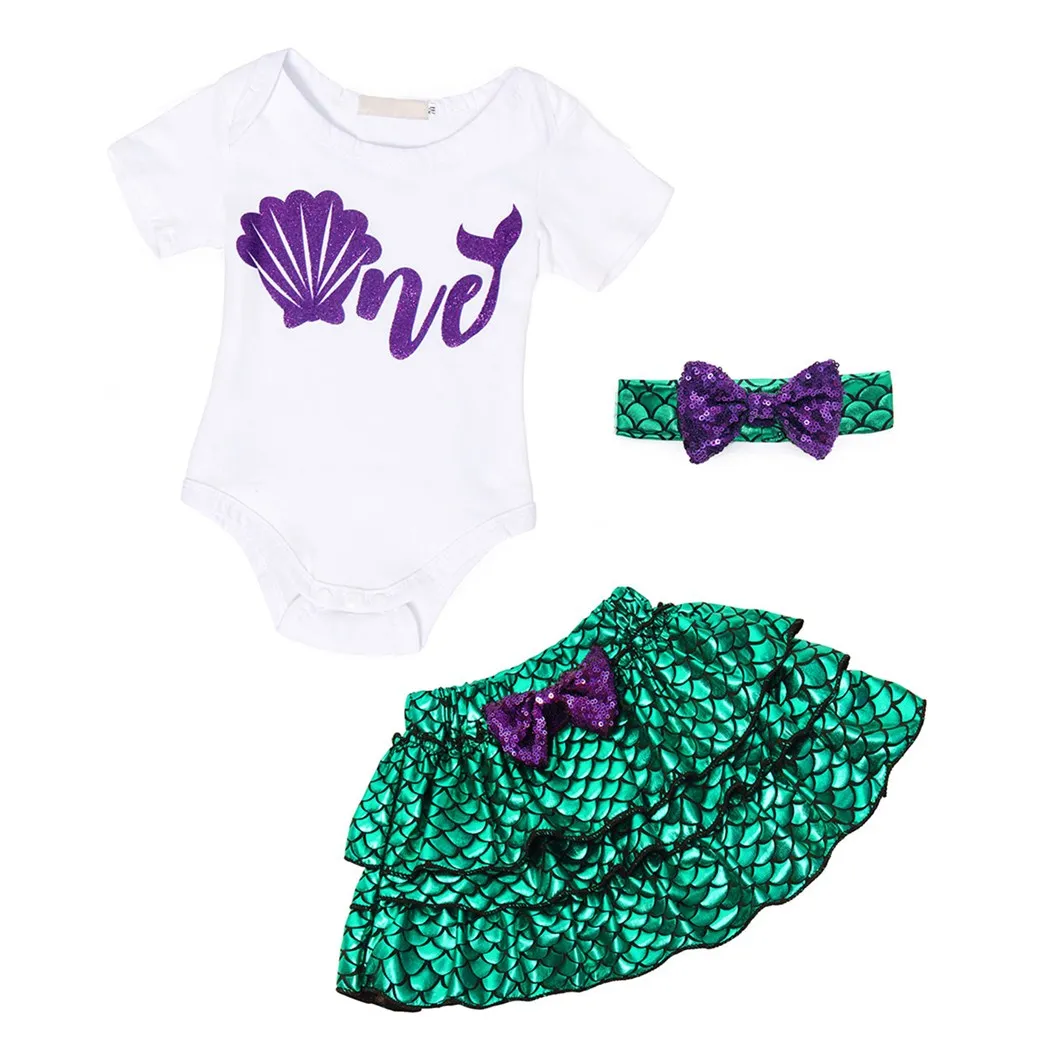 AmzBarley Princess Ariel Costume Baby Girls clothes set Newborn Halloween Birthday Party outfits Romper Sequin Dress+ headband | Детская