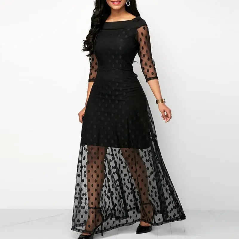 Women Evening Party Date Retro Gothic Black Polka Dot Maxi Dress Office Lady Work See Through Mesh Extra Long Bodycon Dresses | Женская