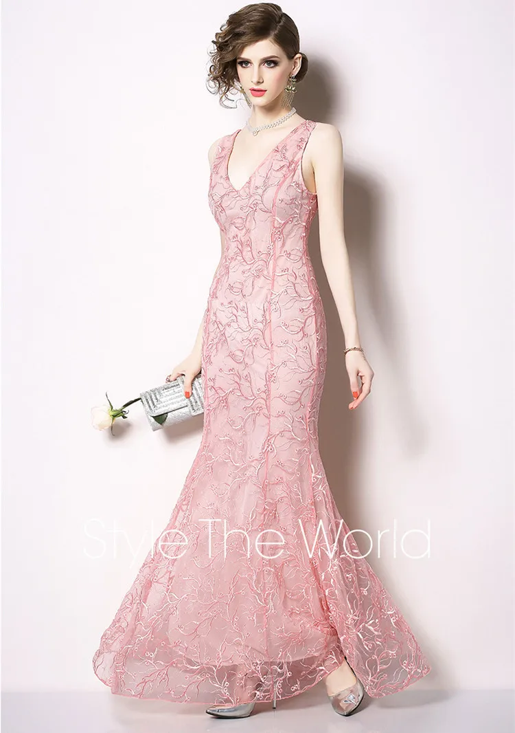 Женские вечерние платья лето 2019 розовые кружевные сексуальные глубокий v
