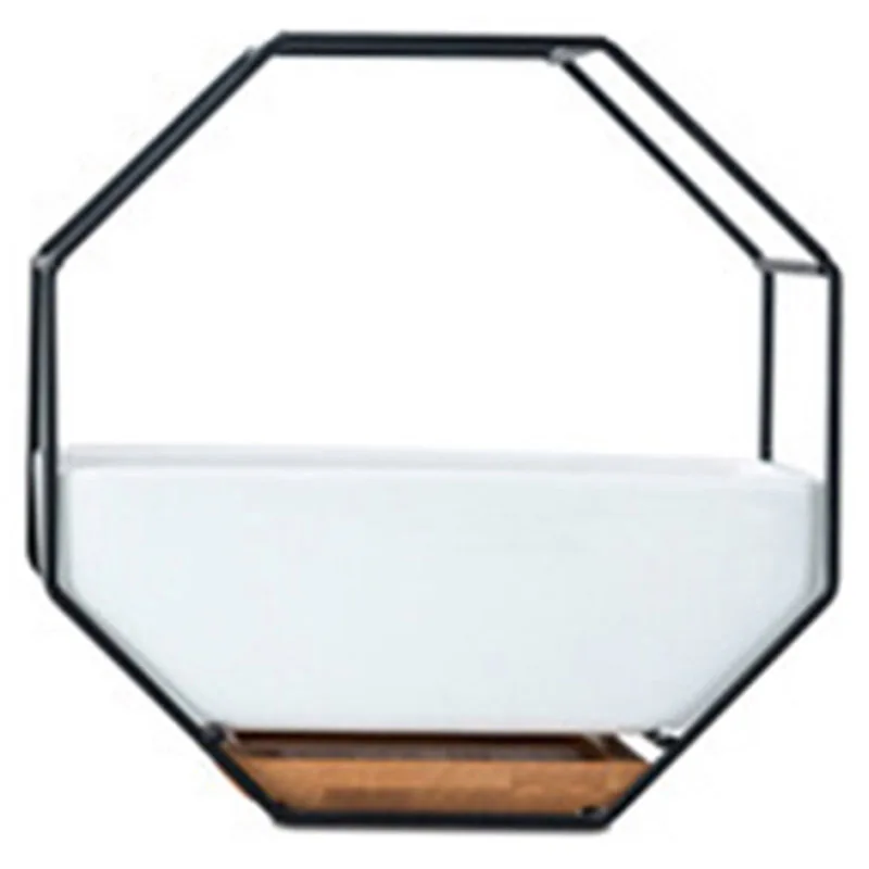 Minimalist Octagonal Geometric Wall Hanging Table Succulents Ceramic Flower Pot Bamboo Tray Iron Frame Set Crafts Gifts Black+|Цветочные
