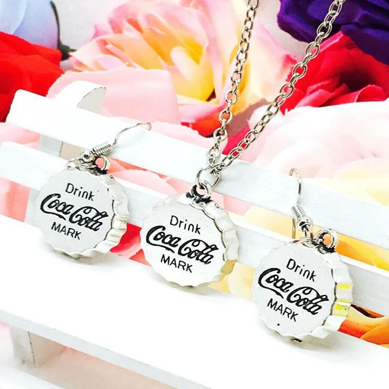 Cola колье с кулоном крышка от бутылки серьги набор античный серебряный шарм кулон