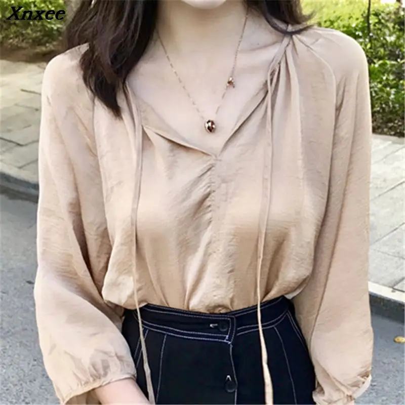 

2020 New Summer Solid Color Fashion Blouse Long Lantern Sleeve V-neck Tops Women Blouses Casual Loose Shirts Xnxee
