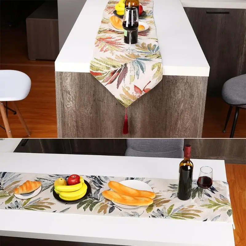 

Retro Tassel Leaves Pattern Jacquard Table Runners Restaurant Desk Bed Flag