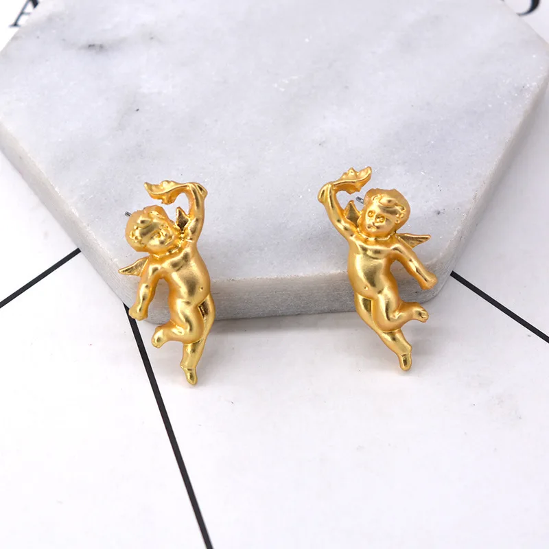 

Golden Little Angel Stud Earrings Baroque Vintage Inspired Court Pierce Earring Prayer Jewelry
