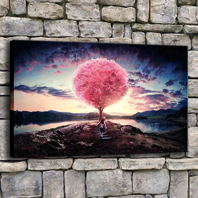 

Abstract Poster Home Wall Decor Artwork 1 Piece Style Canvas Print Pink Tree Lake Cloud And Girl Painting Framed Or Frameless
