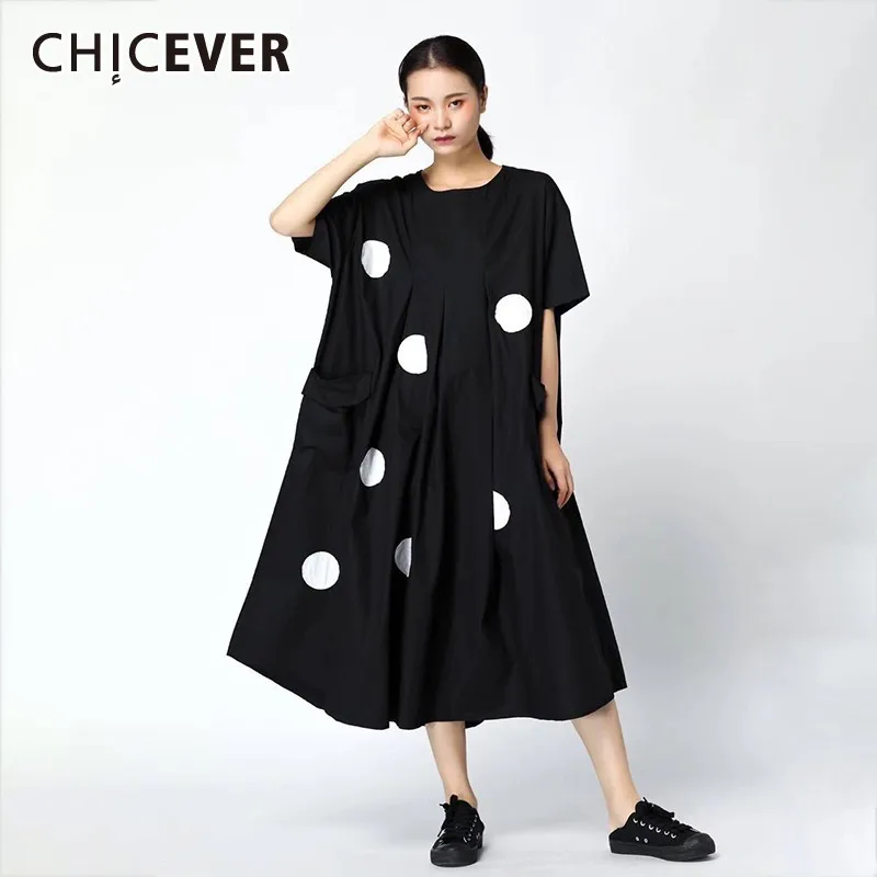 CHICEVER весеннее женское платье в горошек с круглым вырезом и коротким рукавом