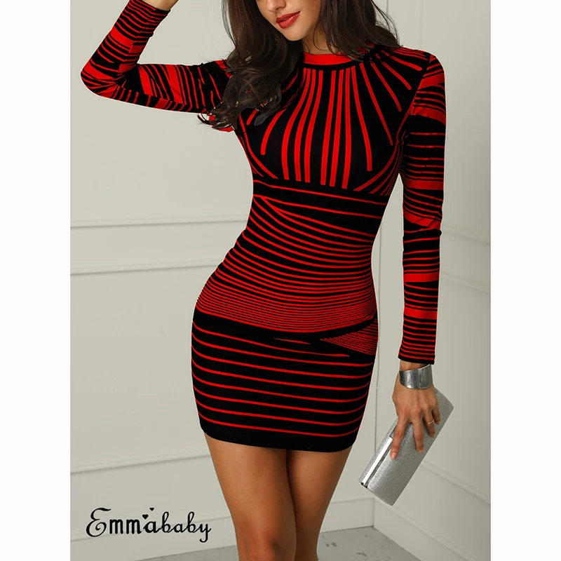 Женское облегающее мини платье в полоску с длинным рукавом вечернее Клубное