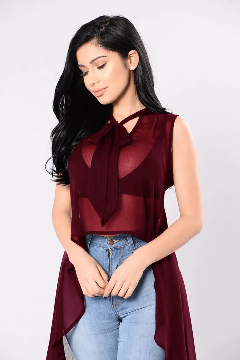 

Summer Fashion Sexy Women's Perspective Chiffon Trregular Long Shirt Casual Shirt