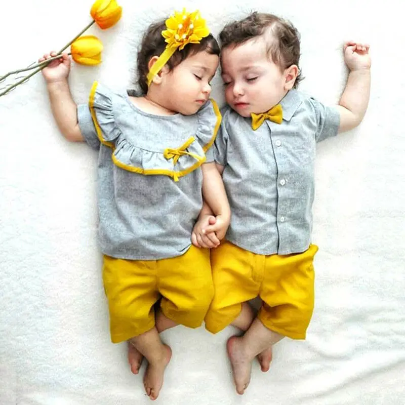 Kids Baby Big Little Sister Brother Short Sleeve T shirt Bow tie Ruffle Tops Shorts Outfit Clothes Summer Set |