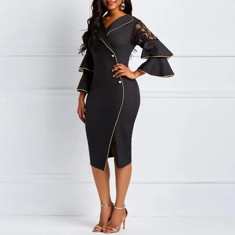 Черное облегающее платье миди женское весеннее кружевное с длинными рукавами и