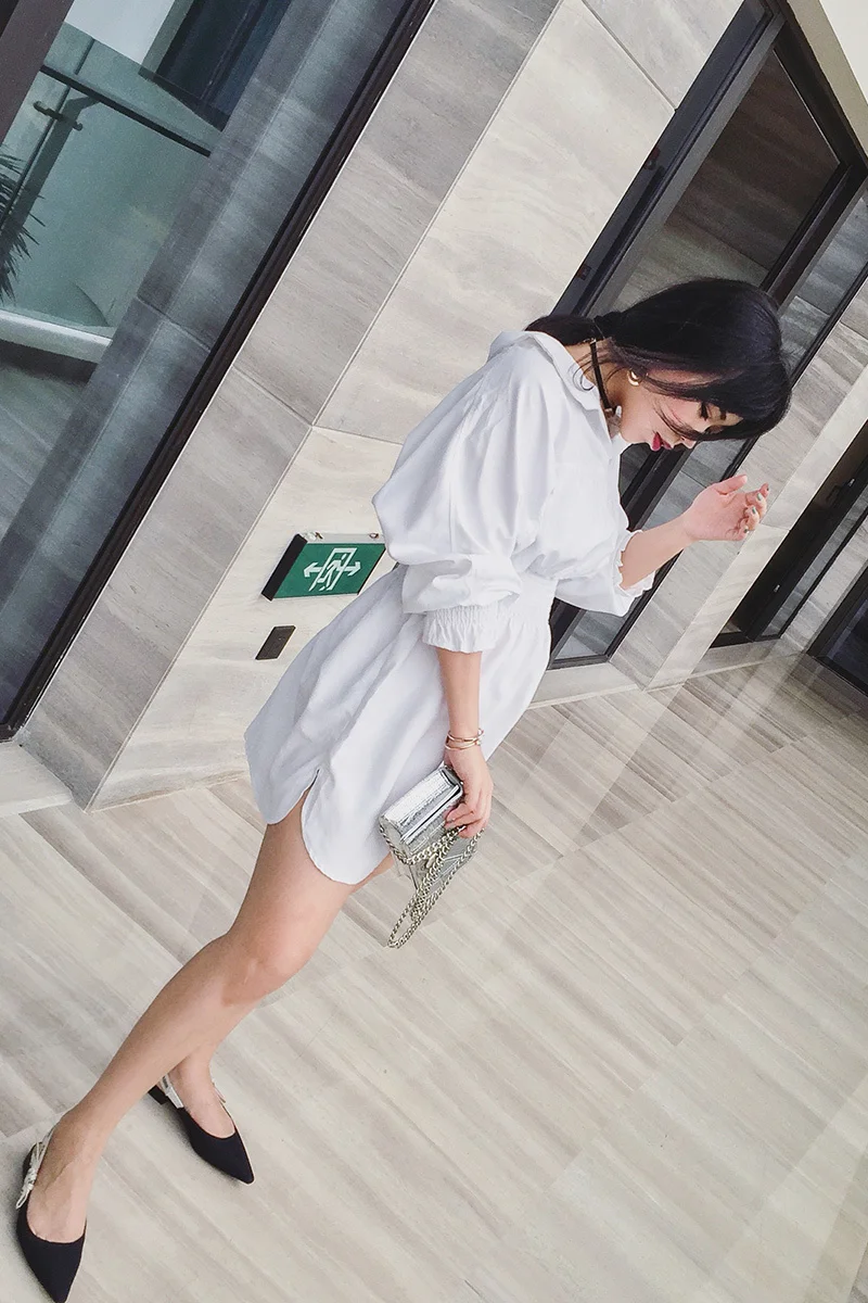 DEAT 2020 new turn-down collar full sleeves high waist A-line knee-length dress puff korean girl's clothing female WD69800 | Женская