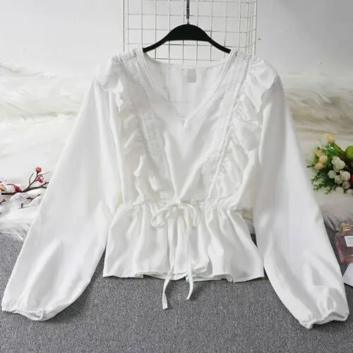 

Spring Women Ruffle Long Sleeve Shirt OL Ladies Casual Loose Chiffon Tops Blouse