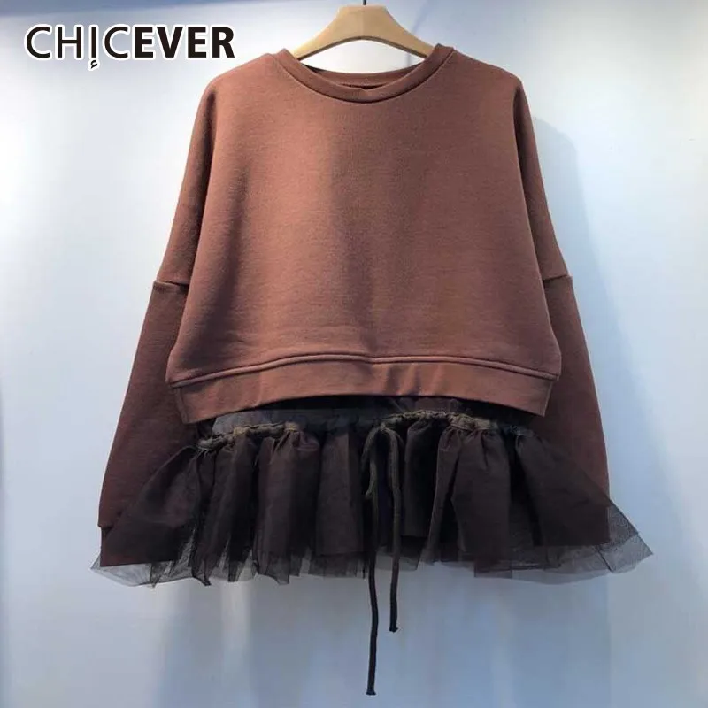 CHICEVER Лоскутные сетчатые свитера для женщин с круглым вырезом и длинным рукавом