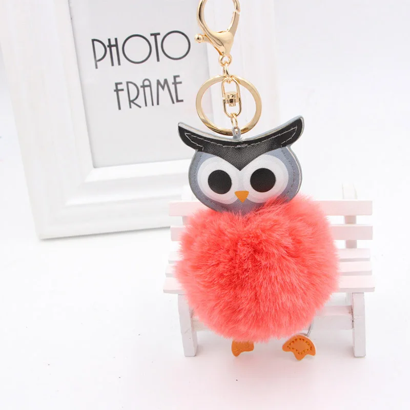 

Cute owl leather keychain cartoon animal plush ball pompom chain girl fashion bag accessories car interior decorations key ring