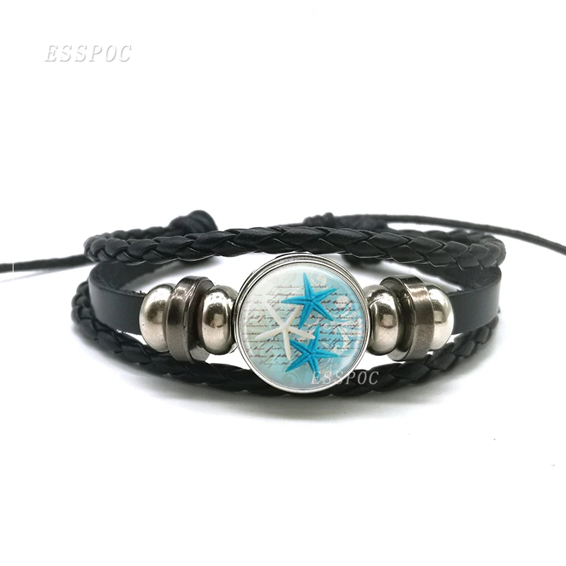 

New Fashion Starfish Black Leather Bracelet , Glass Cabochon Sea Life Art Jewelry Women Button Bracelet Fashion Gifts