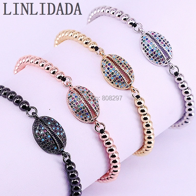 

10Pcs Micro Pave Rainbow CZ Sea Shell Connector & 4mm Round Beads Braided Macrame Bracelet Jewelry