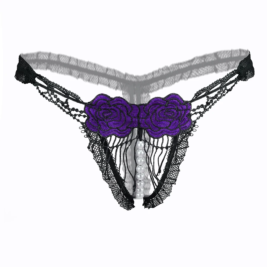 

Women Sexy G String Lace embroidered Hole hollow out beading Thong Panties Shorts tangas Lingerie Underwears Underpants 2019