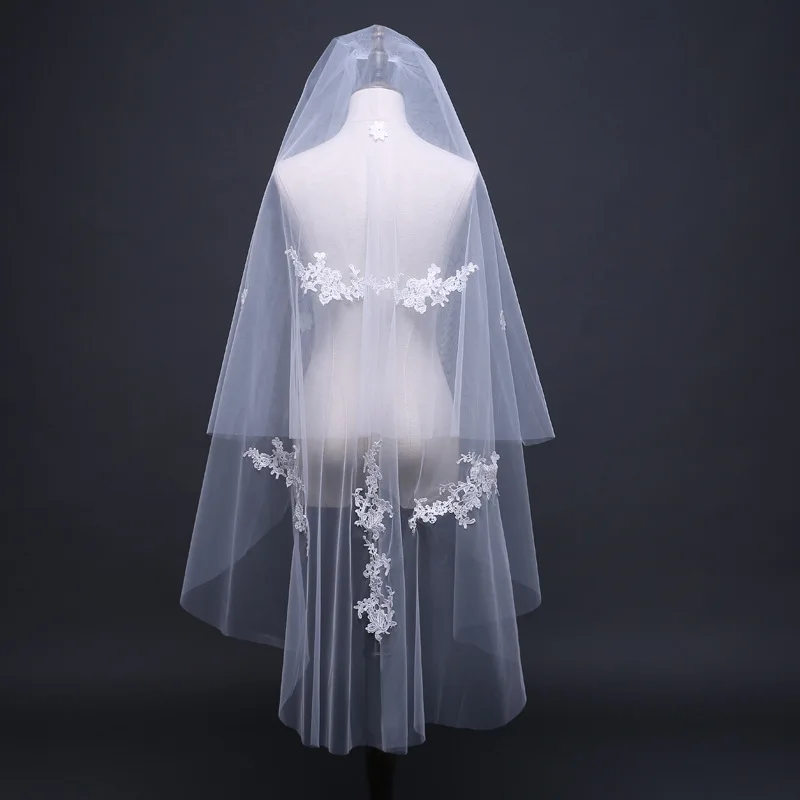 

White/Ivory Two Layer Wedding Veil Real Photos Bridal Veil With Comb Lace Veil Wedding Accessories Veu De Noiva EE9016