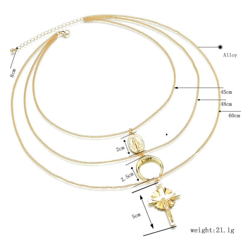 Gold Color Cross Rose Pendants Neckalces For Women Girls Multi Layer Flower Choker Necklace Long Beaded Chain Moon Chokers | Украшения и