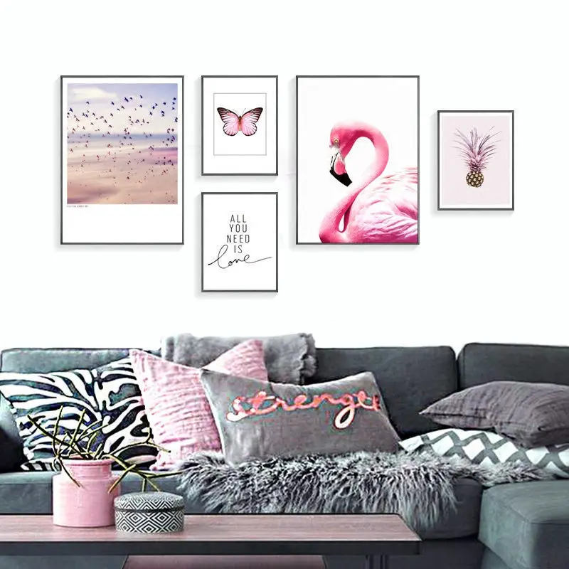 Decoracion Nordica розового цвета с бабочками плакат Фламинго ананас небо птицы Wall Art