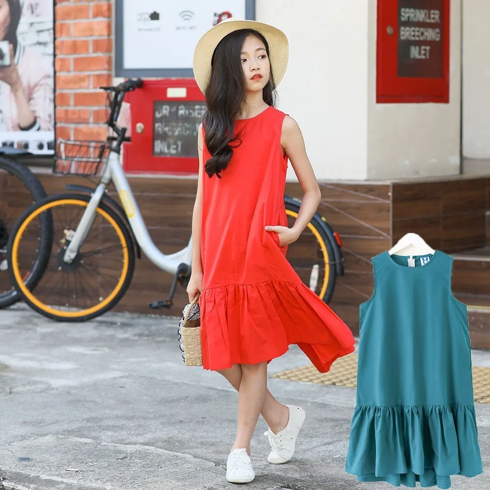 Mermaid Teenager Blue Red Dress Girls Summer 2019 Pockets Ruffles Kid For Girl Mid Long Mother And Daughter Clothes | Детская одежда и