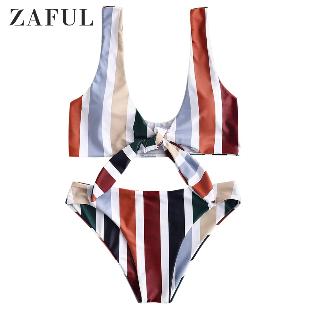 

ZAFUL Women Vertical Stripe Print Sexy Beach Swimwear Fashion Quick-Drying Two-Piece Bikini Push-Up Bra Knotted Swimsuit Set