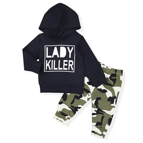 2Pcs Set Toddler Sweatshirt Kids Baby Boys Clothes T-shirt Hooded Tops+Camo Long Pants Infant Casual Outfits |