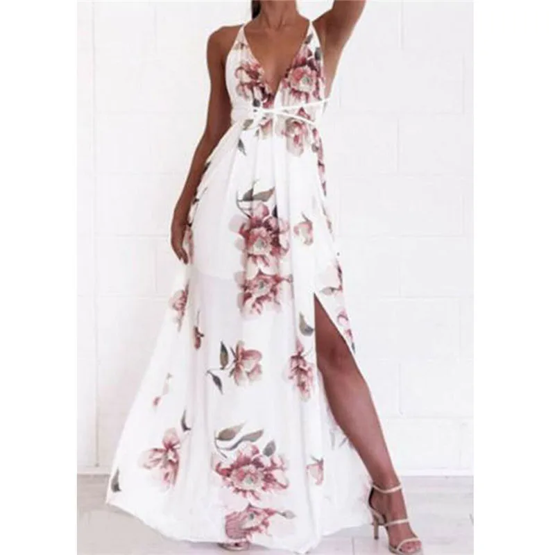 Женское длинное пляжное платье Boho летнее без рукавов с глубоким v образным