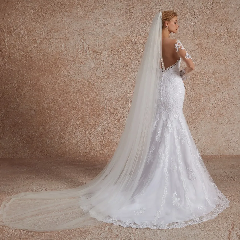 Vivian's Bridal модное свадебное платье из сетчатой ткани с длинными рукавами и кружевной аппликацией, свадебное платье со шлейфом