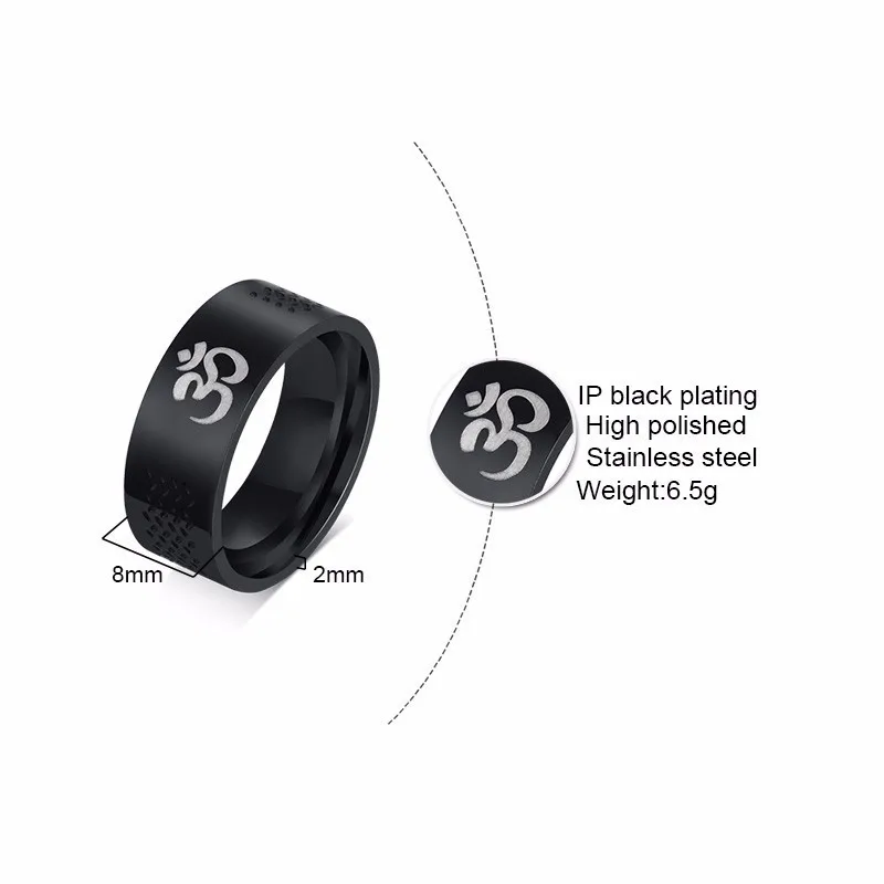 Fine Black Stainless Steel Yoga OM Men Rings Classic Religious Peace Allion Ring AccessoriesWith Velvet Bag | Украшения и
