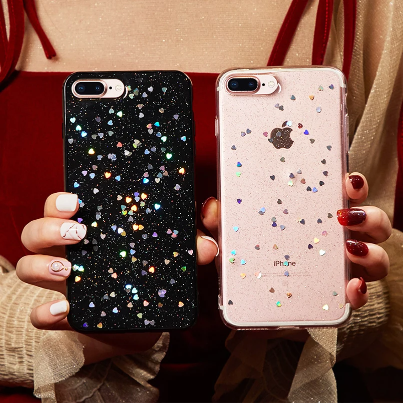 Роскошный чехол сверкающий с блестками для iPhone X XS MAX XR 8 7 6 6S Plus задняя крышка Love Heart