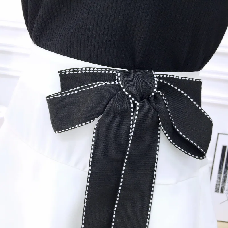 

New 2019 Desing Fashion Women Knitwear Top Skirt Bump Color Knit Lapels Cake Skirt Two-Piece Outfit Clothing Set Bow Vestidos