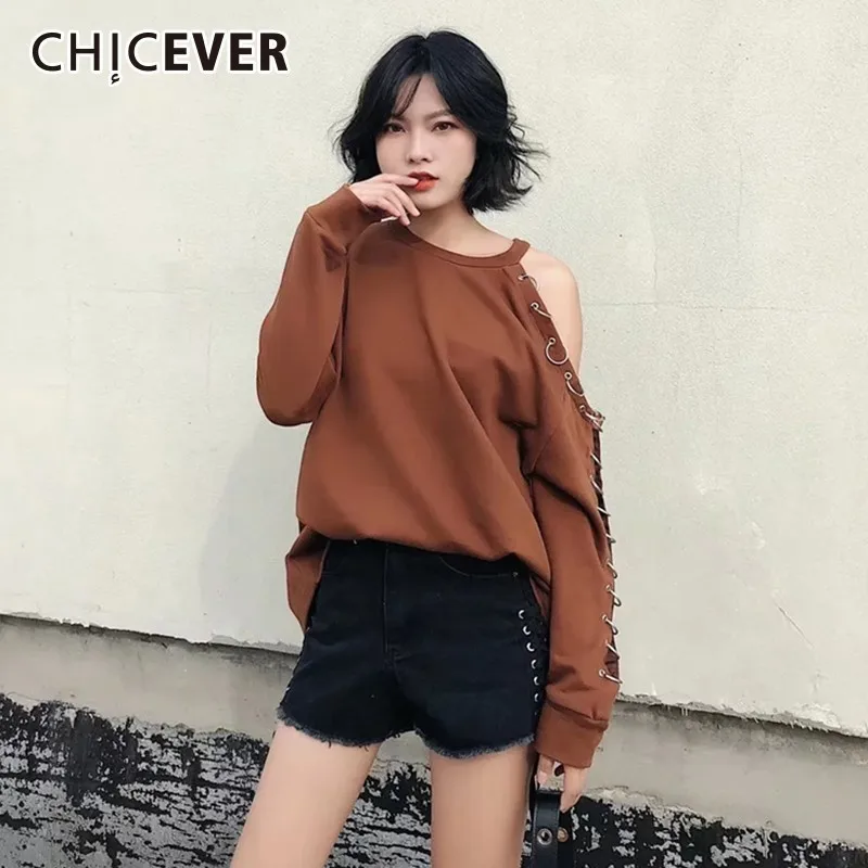 CHICEVER с открытыми плечами толстовка для Для женщин круглым вырезом и длинными