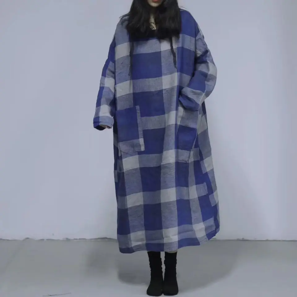 2019 Spring Plaid Pattern Literature Lattice Flax Round Neck Bat Sleeve Easy Large Size Big Loose Dress Linen Gothic Long wear | Женская