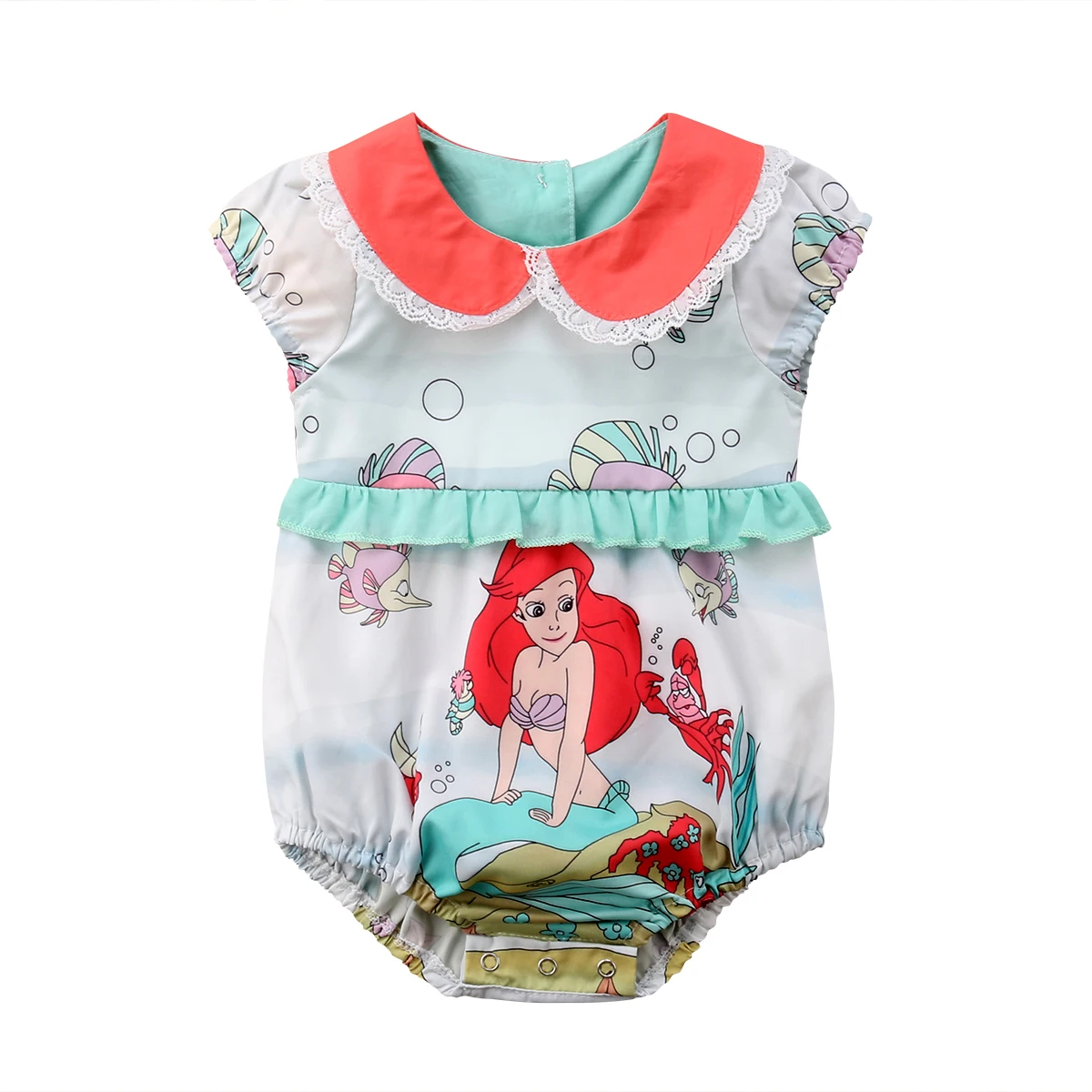 

Cute Newborn Baby Girl Mermaid Clothes Short Sleeve Peter Pan Collar Lace Cartoon Romper Jumpsuit Outfits Sunsuit