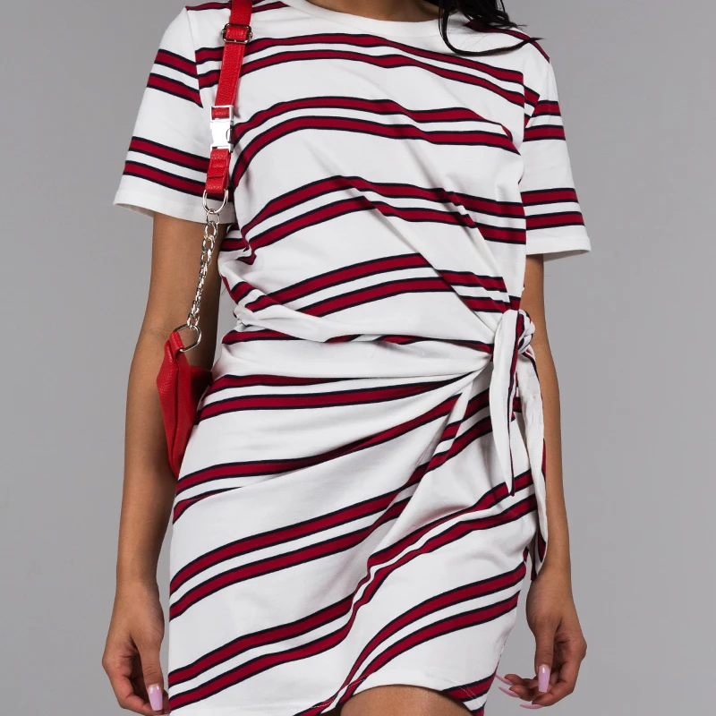 Акира женские полосатая обертка галстук талии мини хлопок вязанная футболка