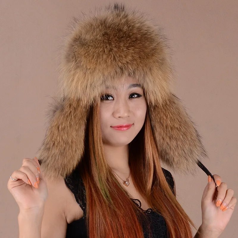 russian fur hat ushanka leather winter fur hats of real raccoon fur silver fox fur cossack winter snow hat with earflaps H211