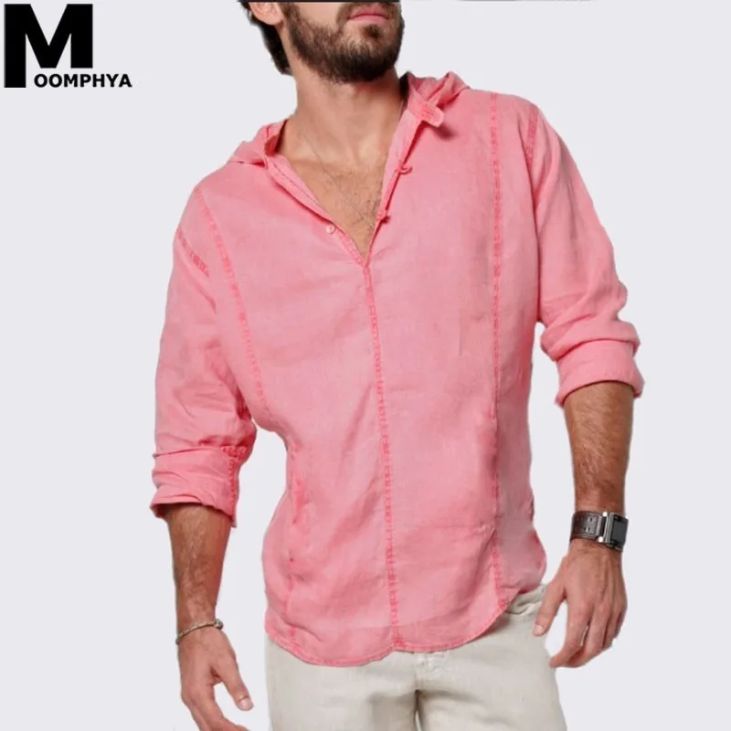 Мужская льняная рубашка с капюшоном однотонная длинными рукавами новинка