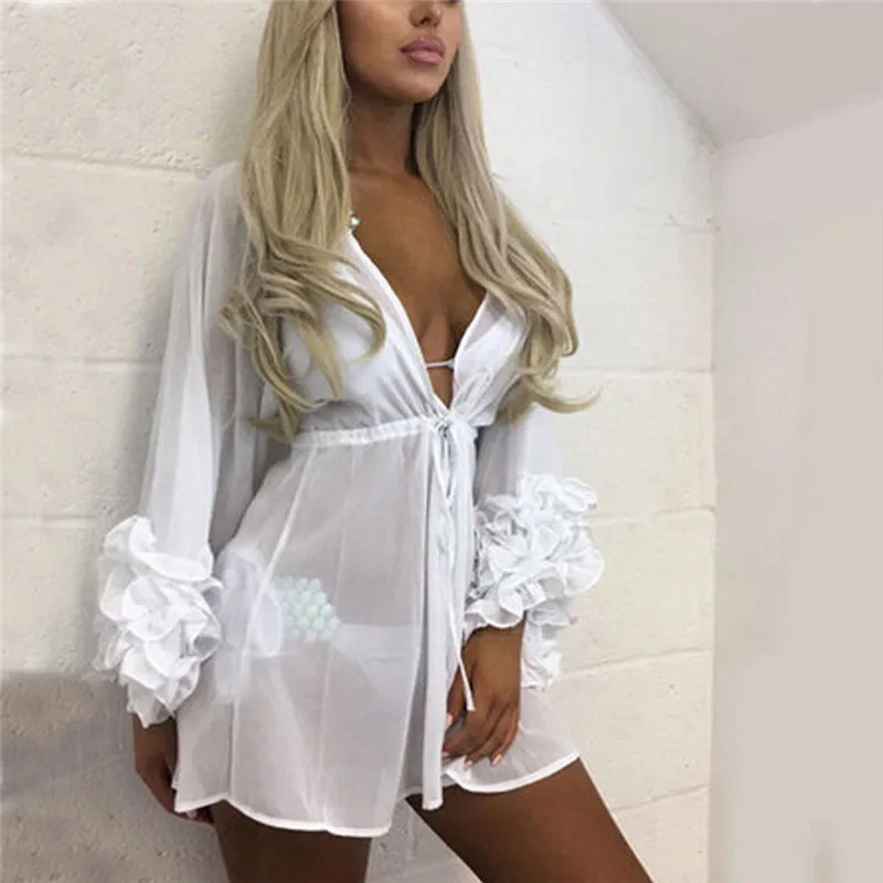 Boho Women Summer Cover Up Beach Shirts Ruffles Loose Sleeve Deep V Neck Tops Blouse Fashion Solid Lady Swimwear | Женская одежда